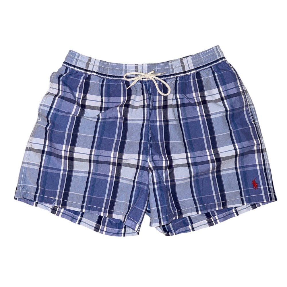 Polo Ralph Lauren Swim Trunks Mens XL Blue Plaid Vtg Mesh Lined Shorts
